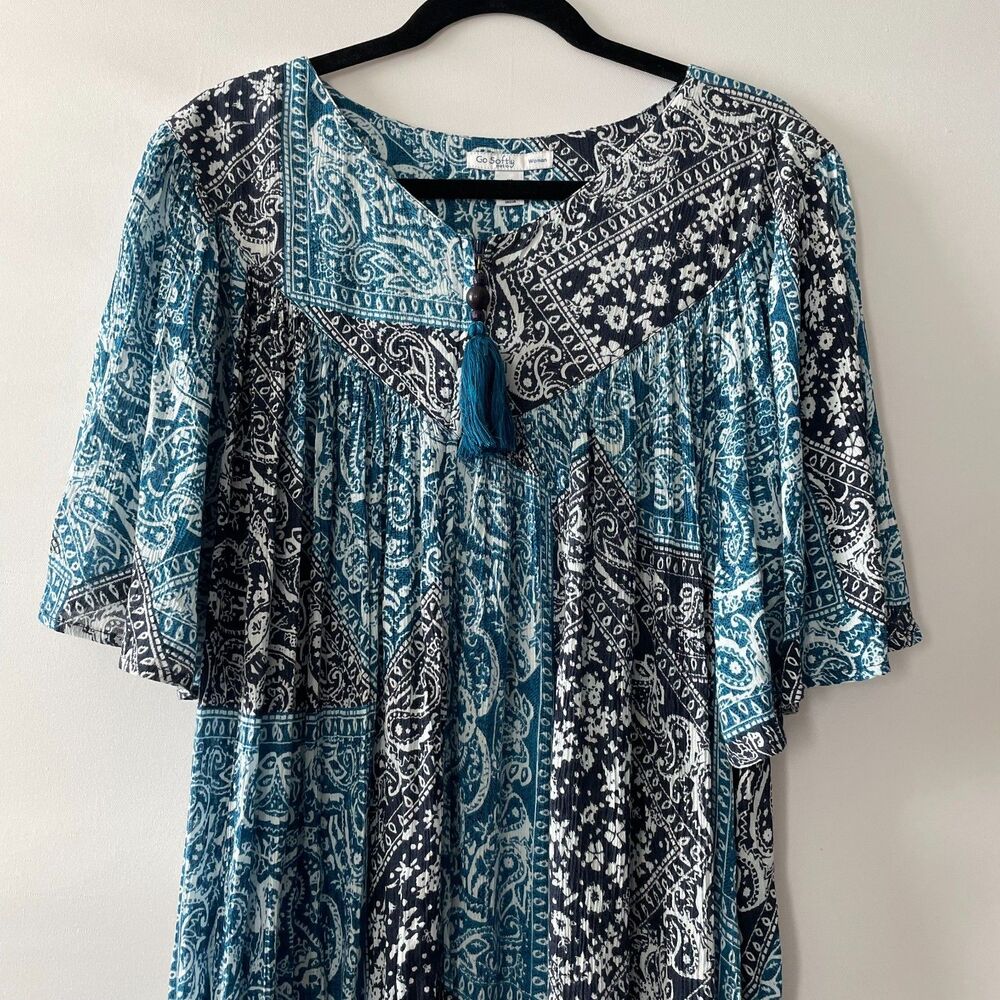 Go Softly Patio Dress Womens 1X Teal Navy Paisley Rayon Zip Front Tassel - Picture 3 of 12